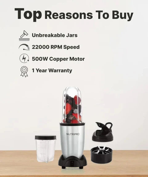 NutriPro Juicer Mixer Grinder - Smoothie Maker - 500 Watts (2 Jars & 1 Blade, Silver) - 2 Year Warranty